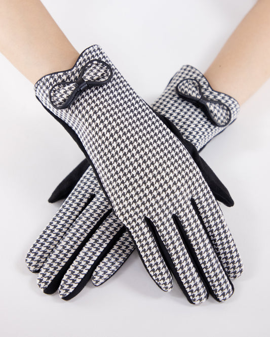 Small Houndstooth Faux Suede Gloves w/ Bow