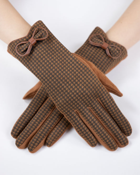 Small Houndstooth Faux Suede Gloves w/ Bow