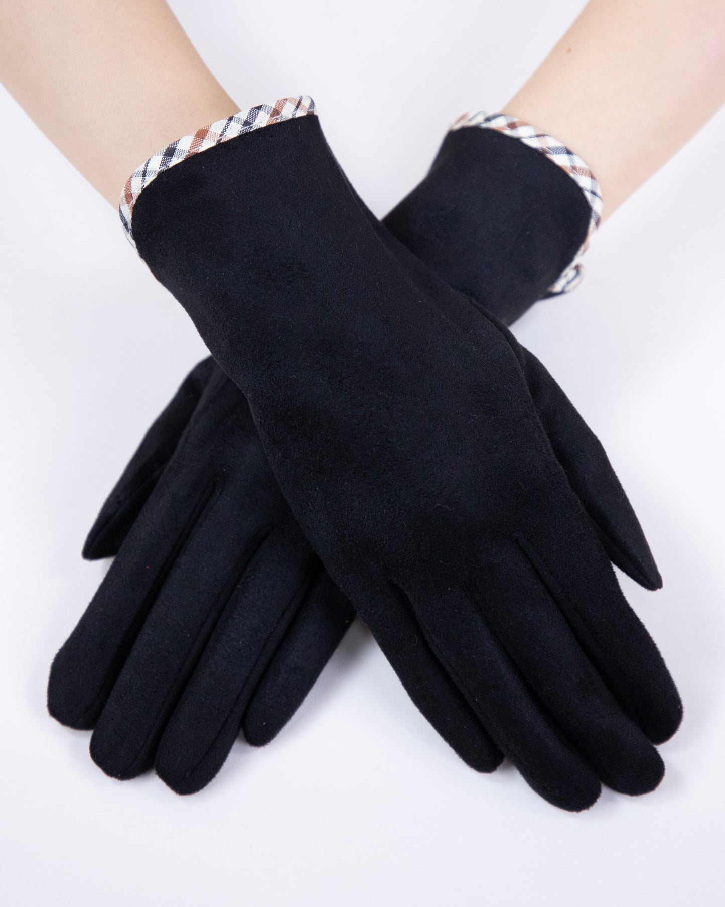 Faux Suede Gloves w/ Plaid Edge Finish  (TS)