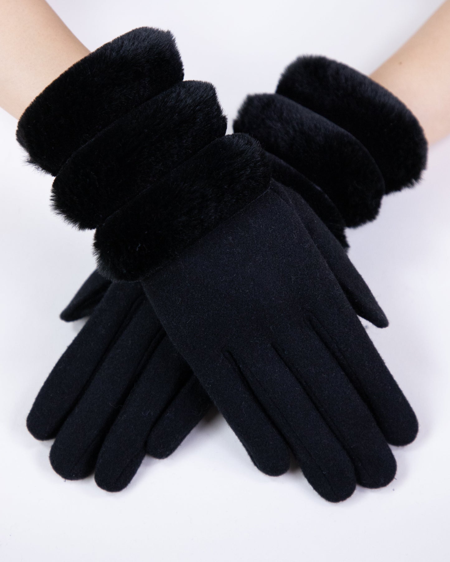 Wool Felted Gloves w/ Sectional Faux Fur Cuff