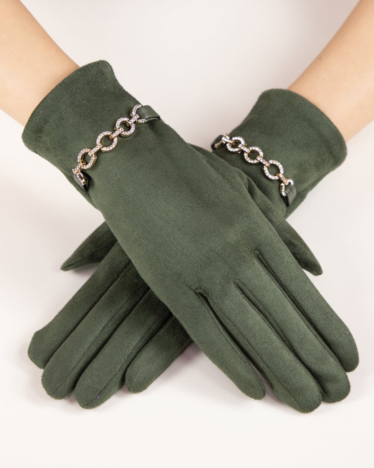 Rhinestone Chain Faux Suede Gloves (TS)