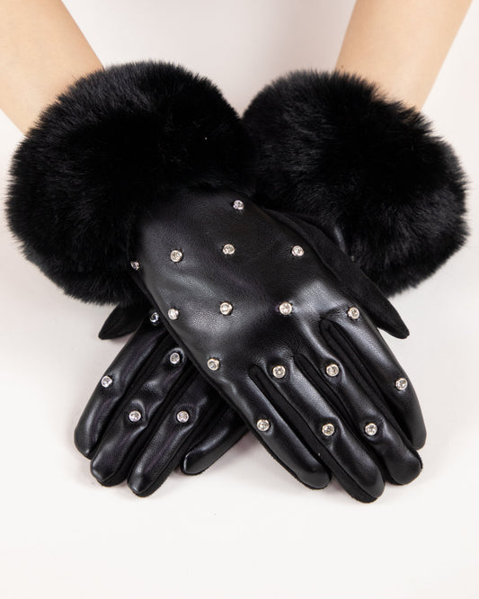 Faux Fur Cuff Rhinestone Studded Gloves (TS)