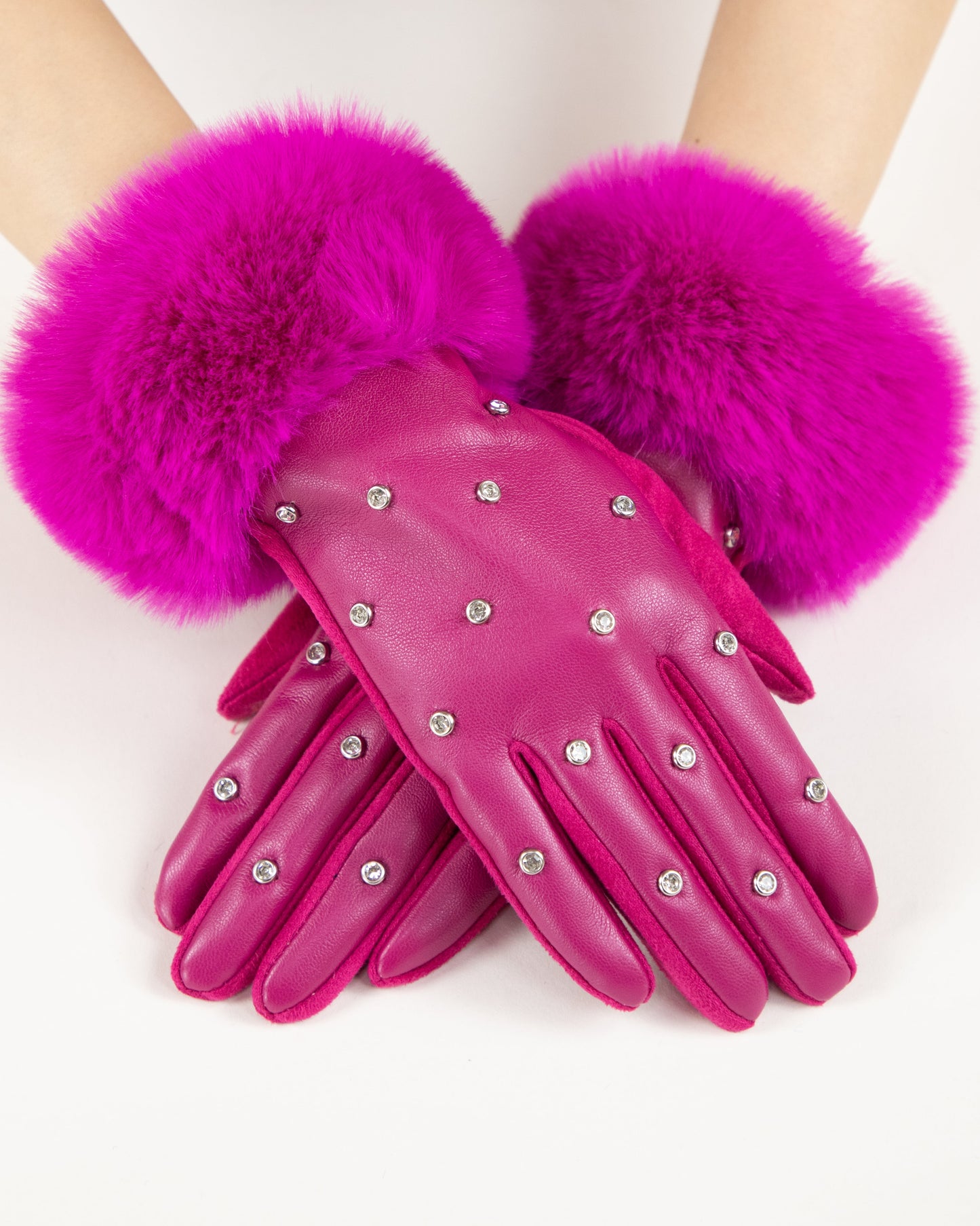 Faux Fur Cuff Rhinestone Studded Gloves (TS)