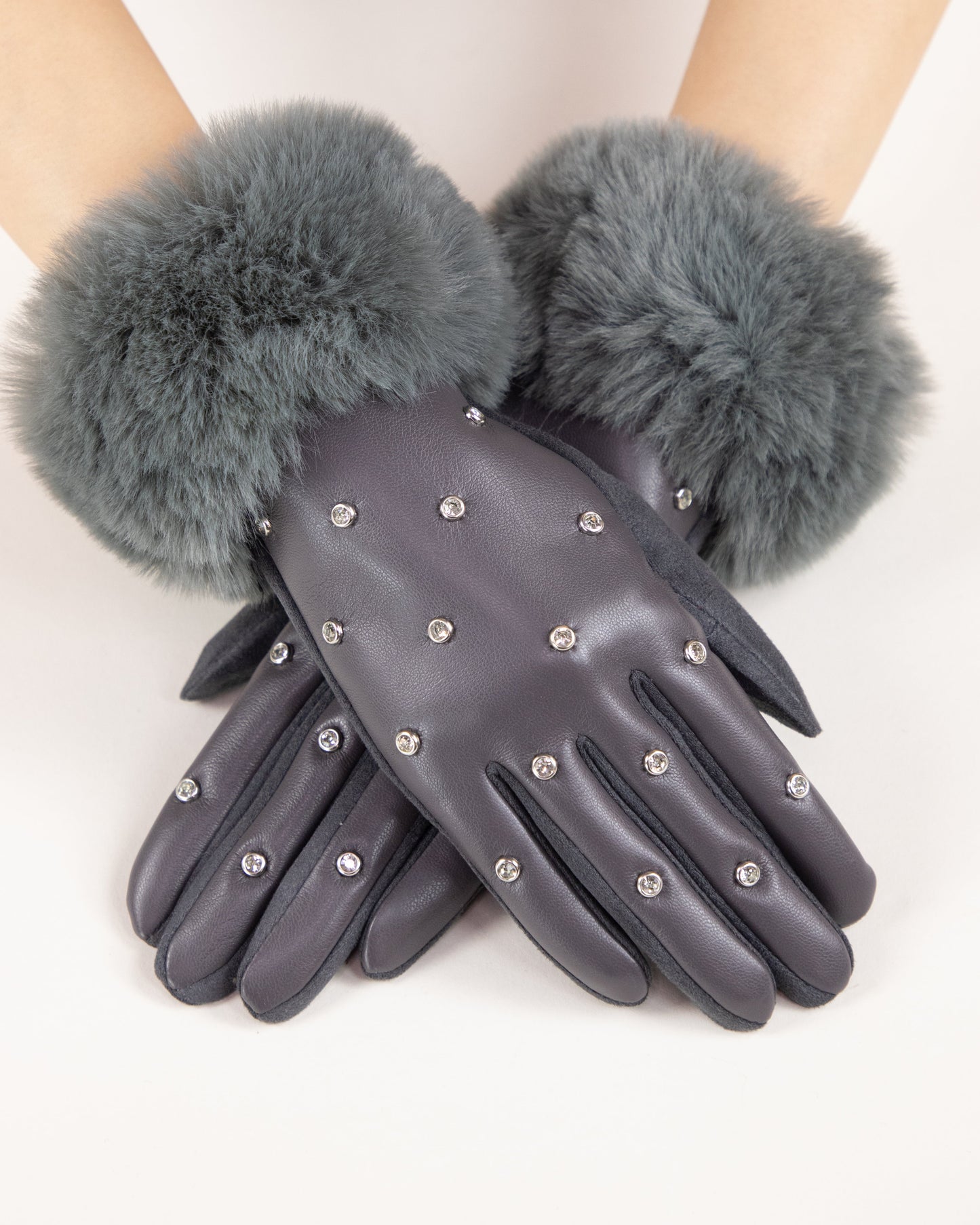 Faux Fur Cuff Rhinestone Studded Gloves (TS)