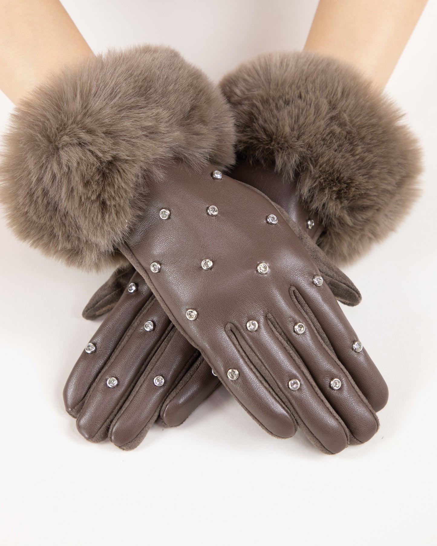 Faux Fur Cuff Rhinestone Studded Gloves (TS)