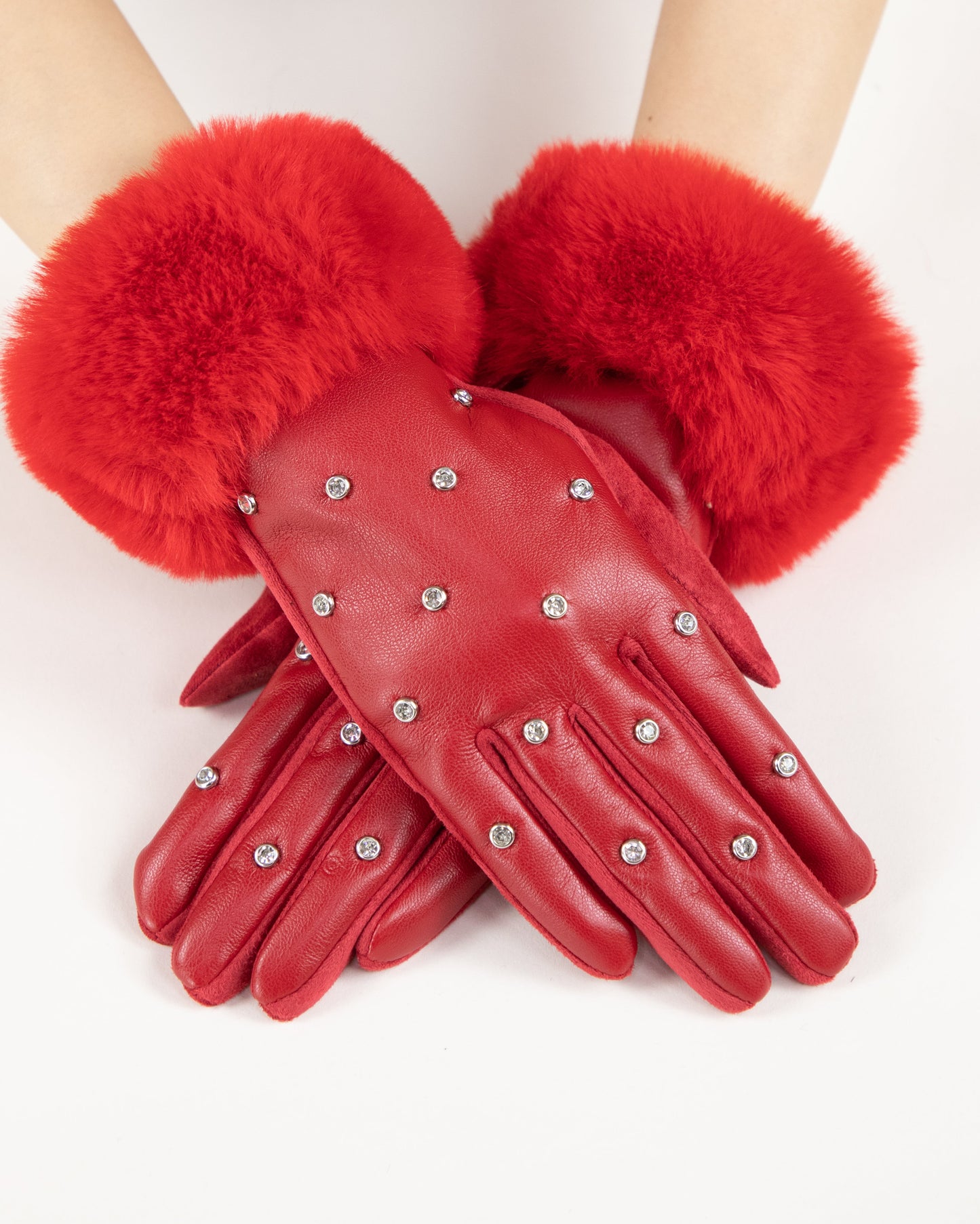 Faux Fur Cuff Rhinestone Studded Gloves (TS)