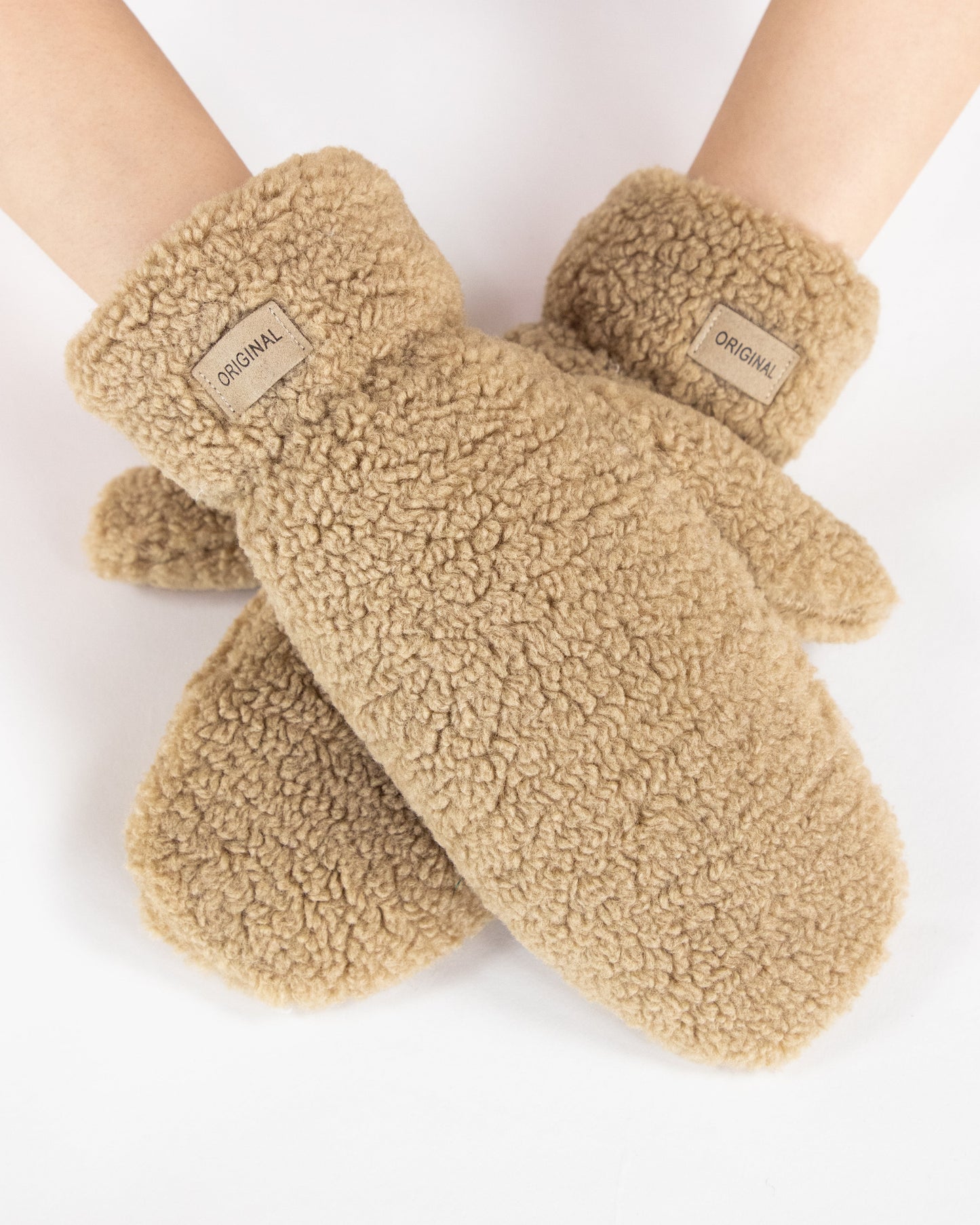 Solid Fuzzy Faux Fur Mittens - BEIGE