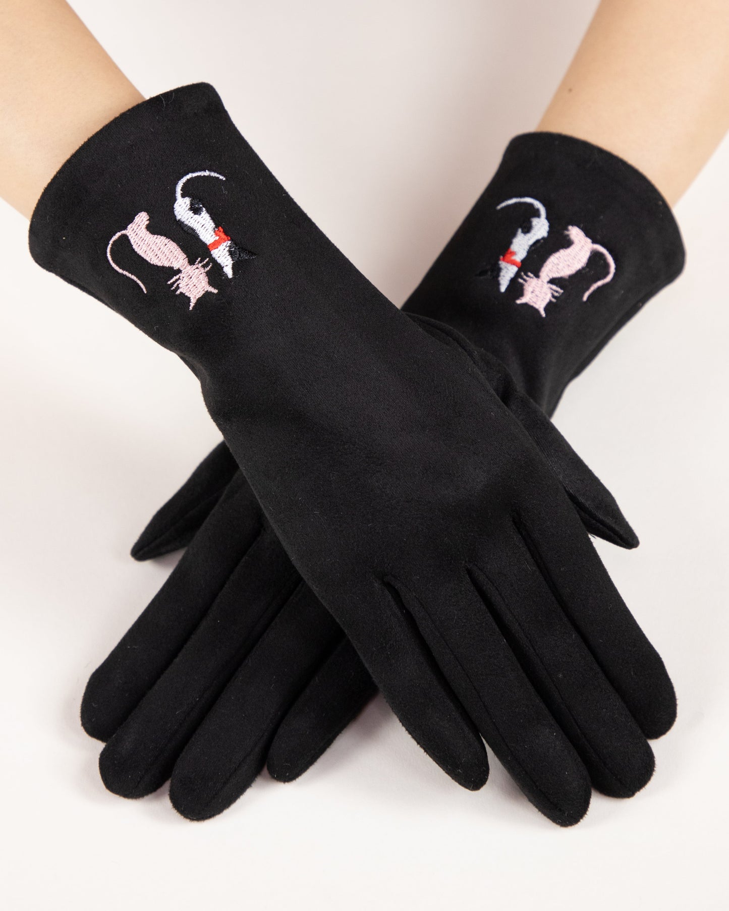 Faux Suede Cat Embroidered Gloves (TS)