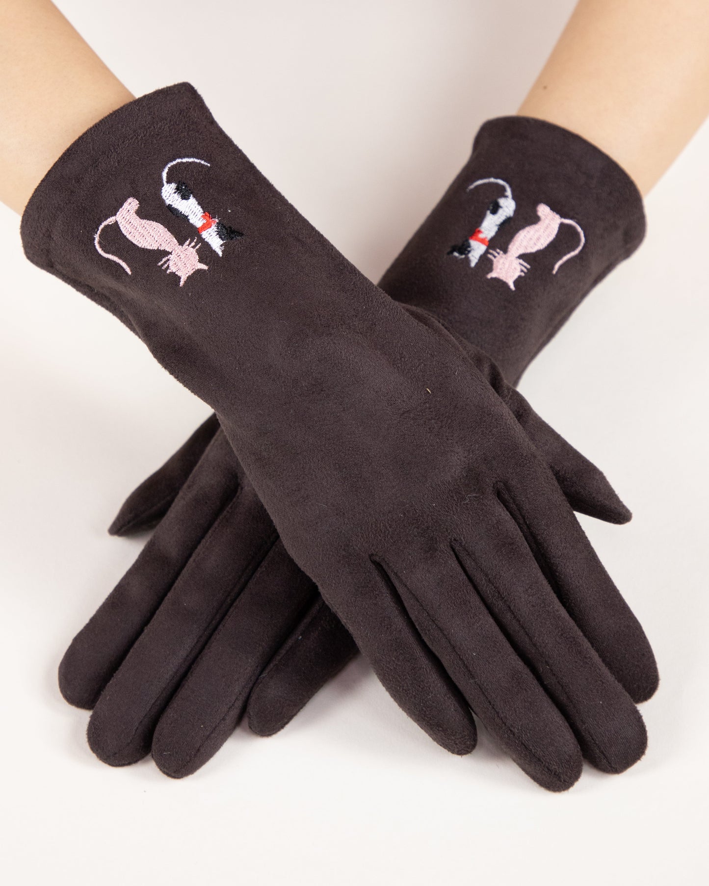 Faux Suede Cat Embroidered Gloves (TS)