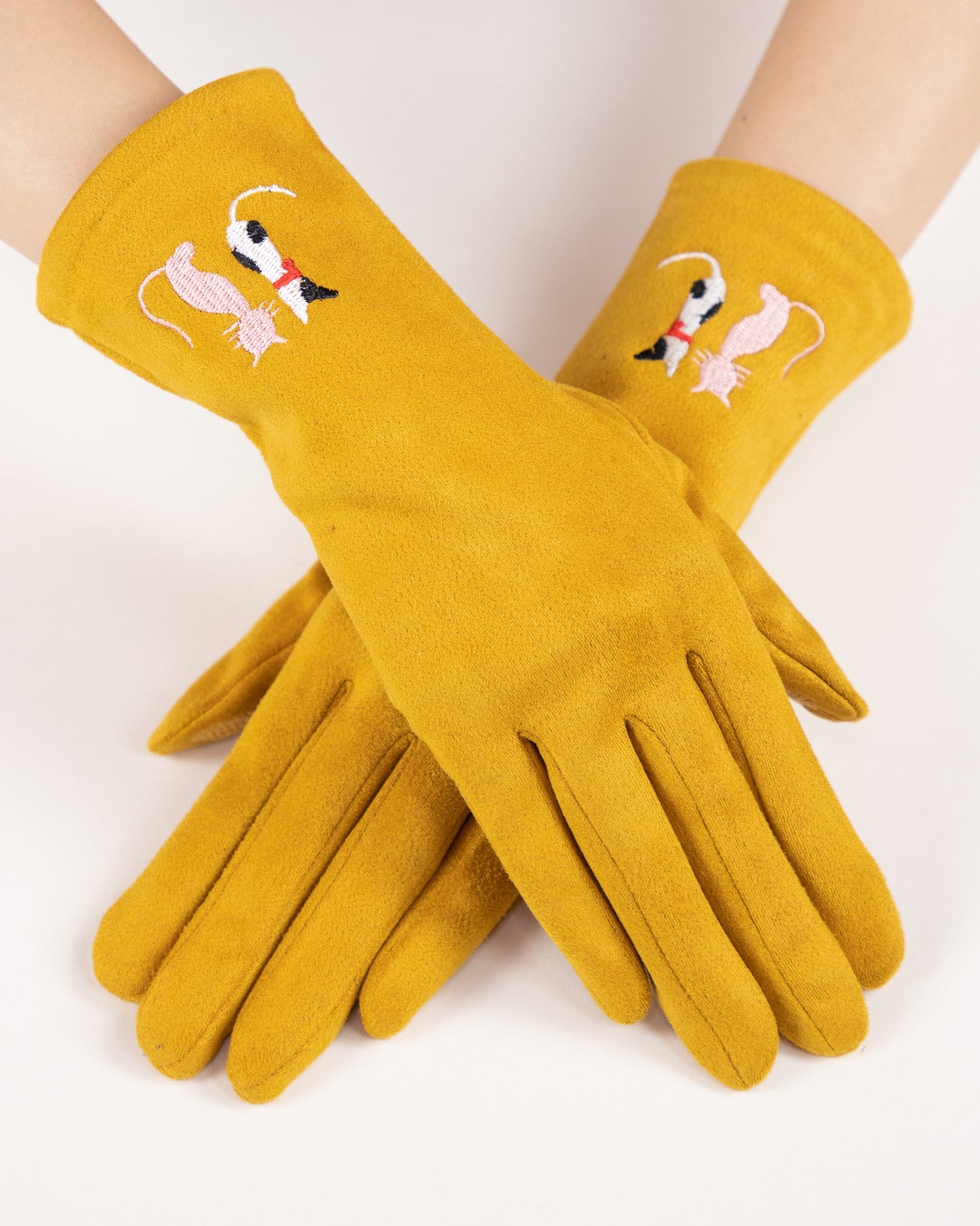 Faux Suede Cat Embroidered Gloves (TS)