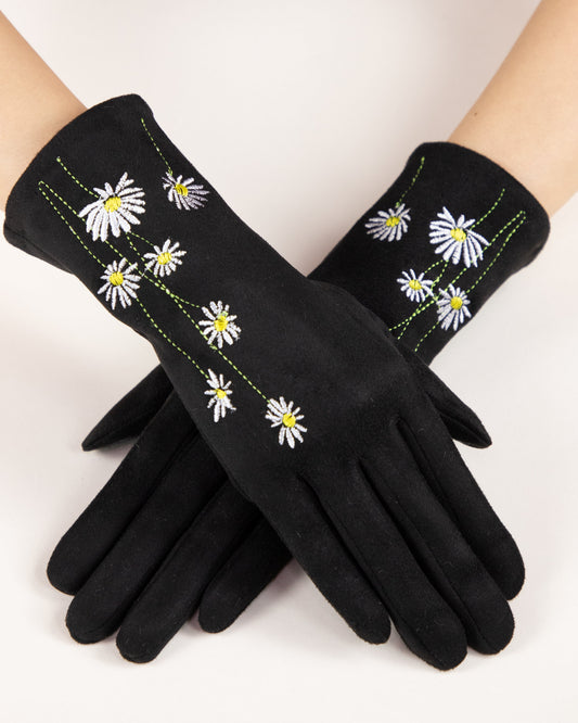 Faux Suede Daisy Embroidered Gloves (TS)