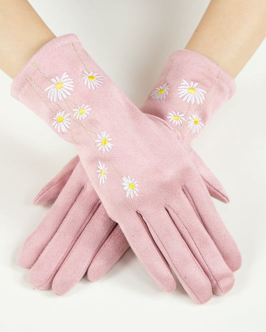 Faux Suede Daisy Embroidered Gloves (TS)