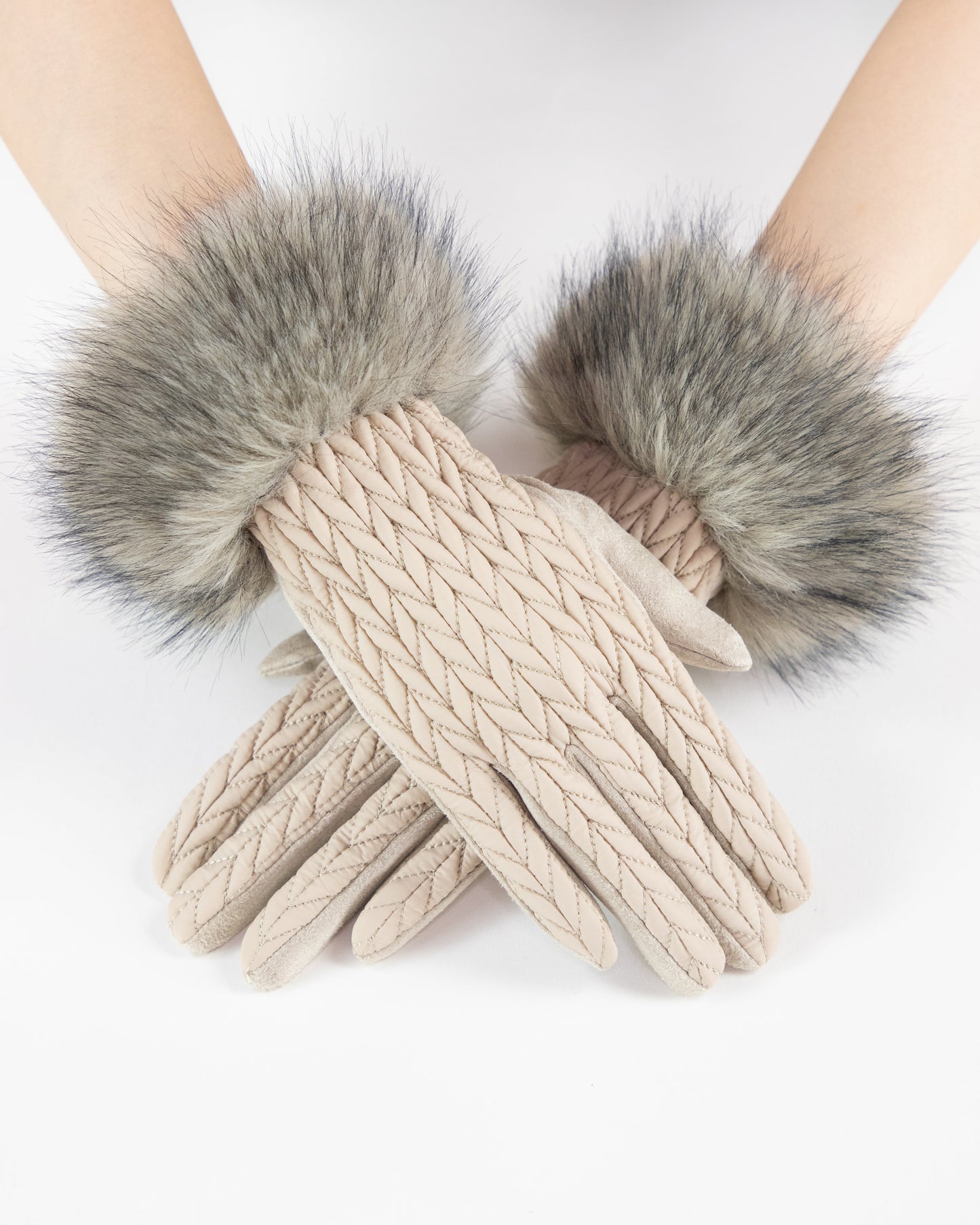 Stocking Stitch Texture Faux Fur Cuff Gloves (TS)