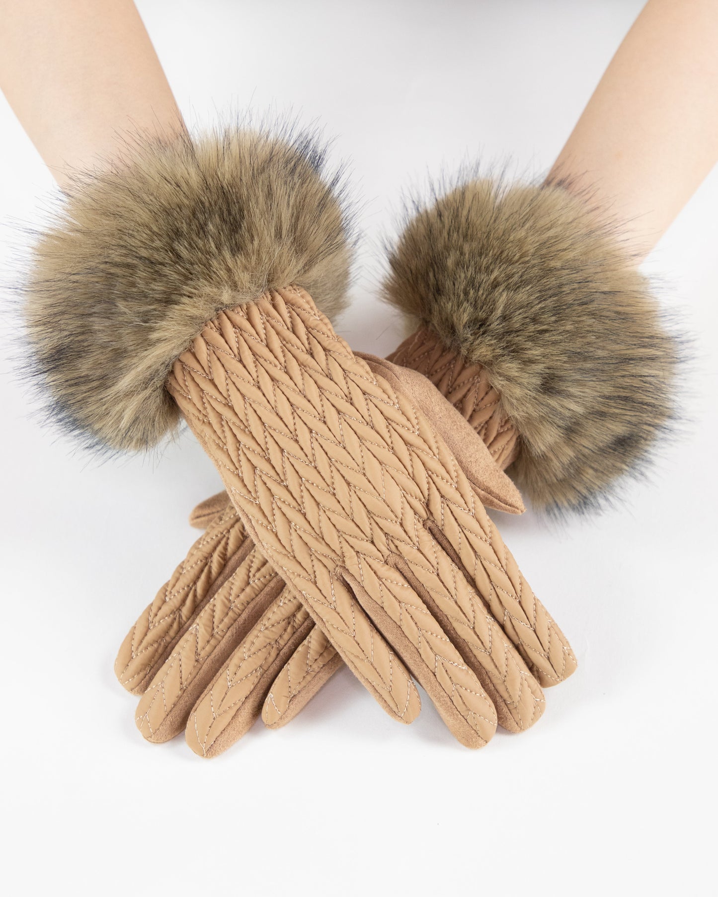 Stocking Stitch Texture Faux Fur Cuff Gloves (TS)