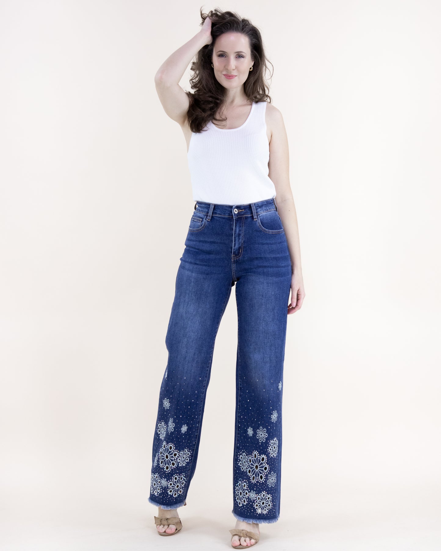 Eyelet Embroidered High Rise Wide Leg Jeans