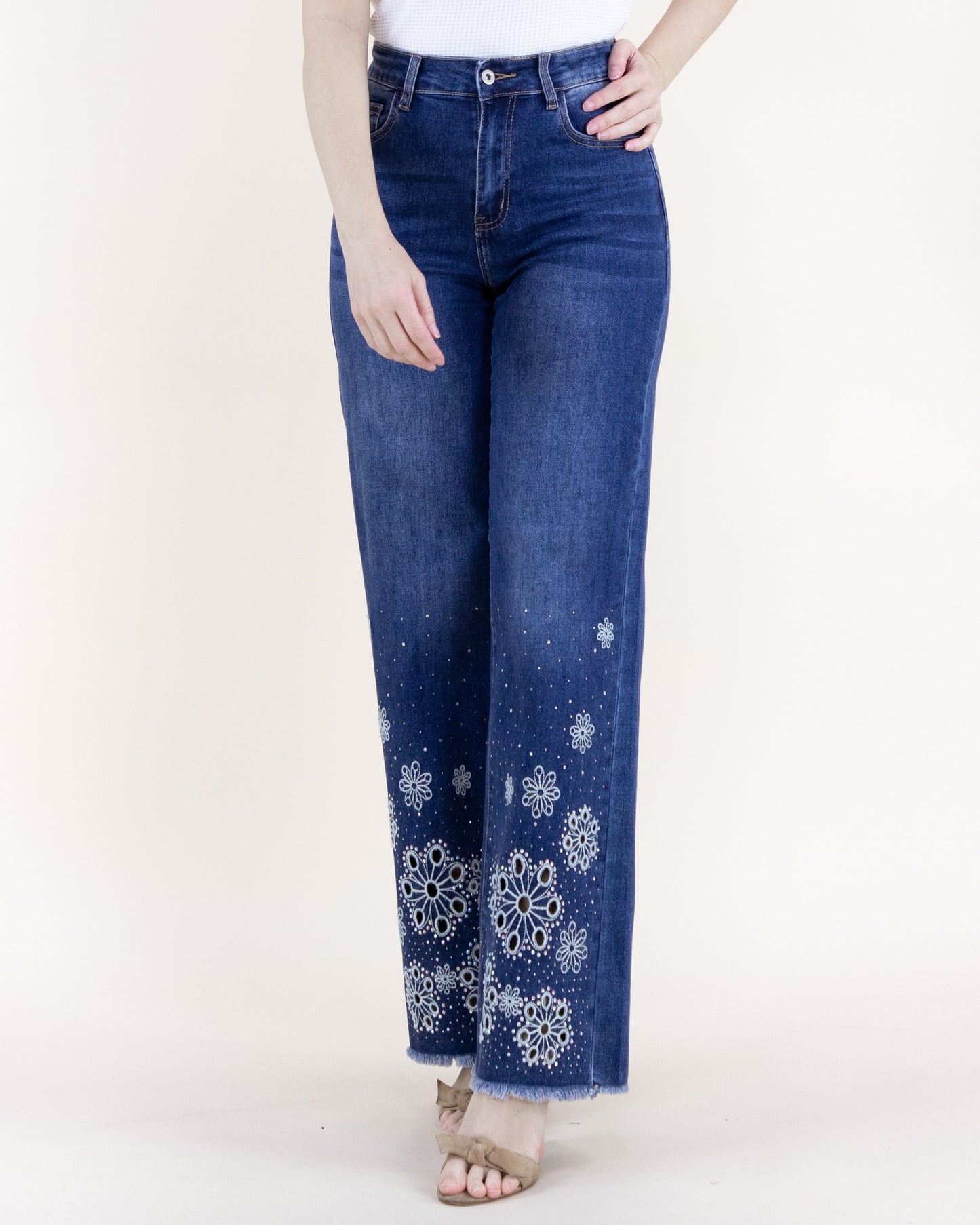 Eyelet Embroidered High Rise Wide Leg Jeans
