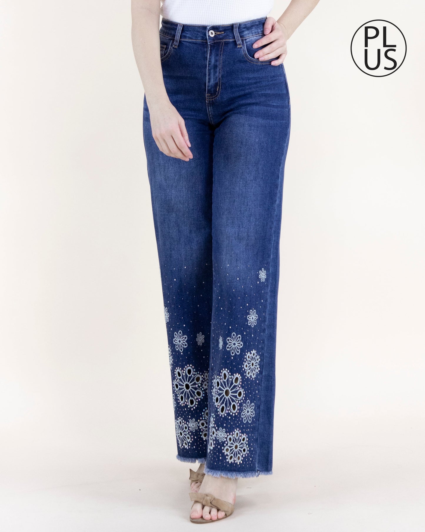 Eyelet Embroidered High Rise Wide Leg Jeans