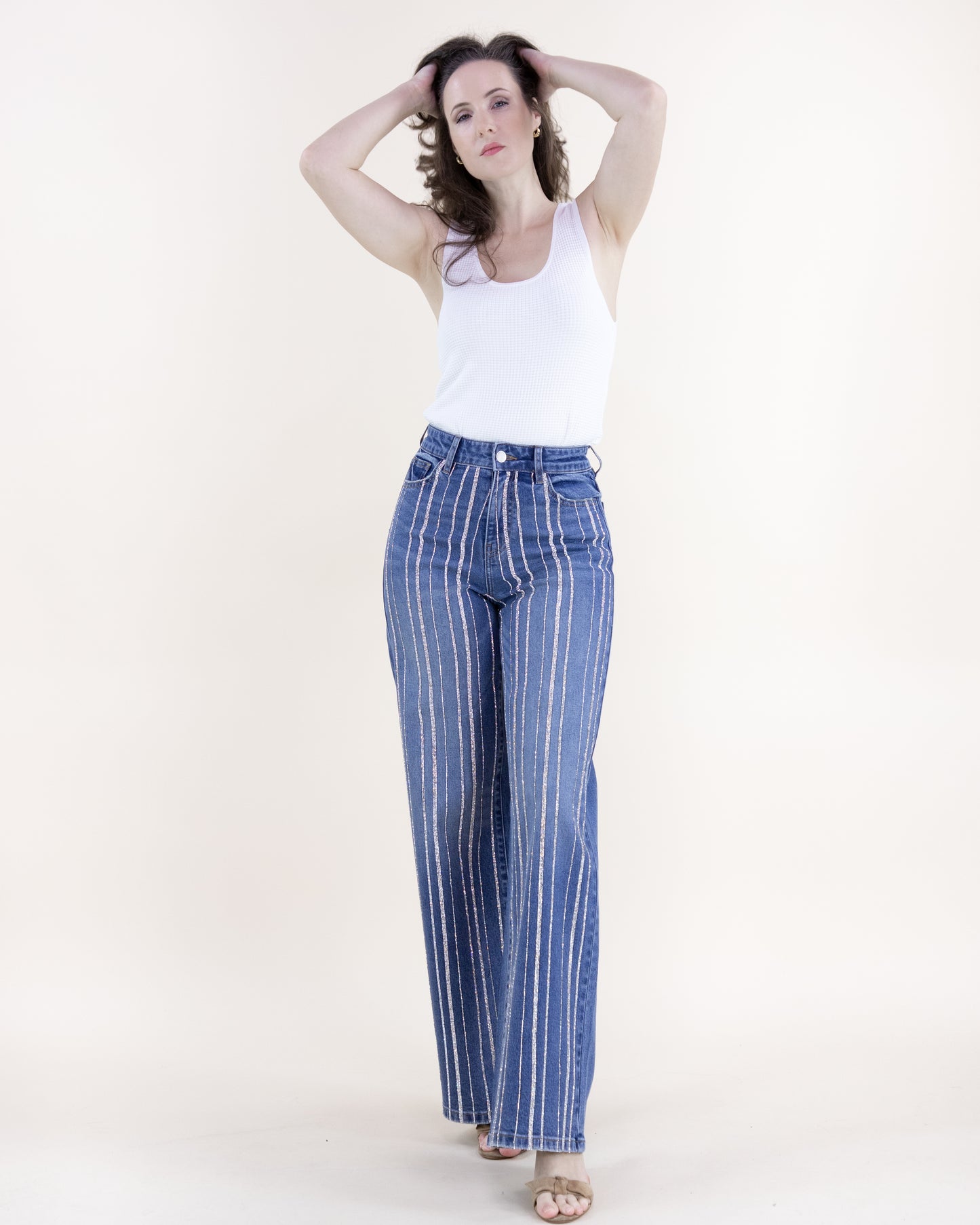 Rhinestone Pinstripe High Rise Wide Leg Jeans