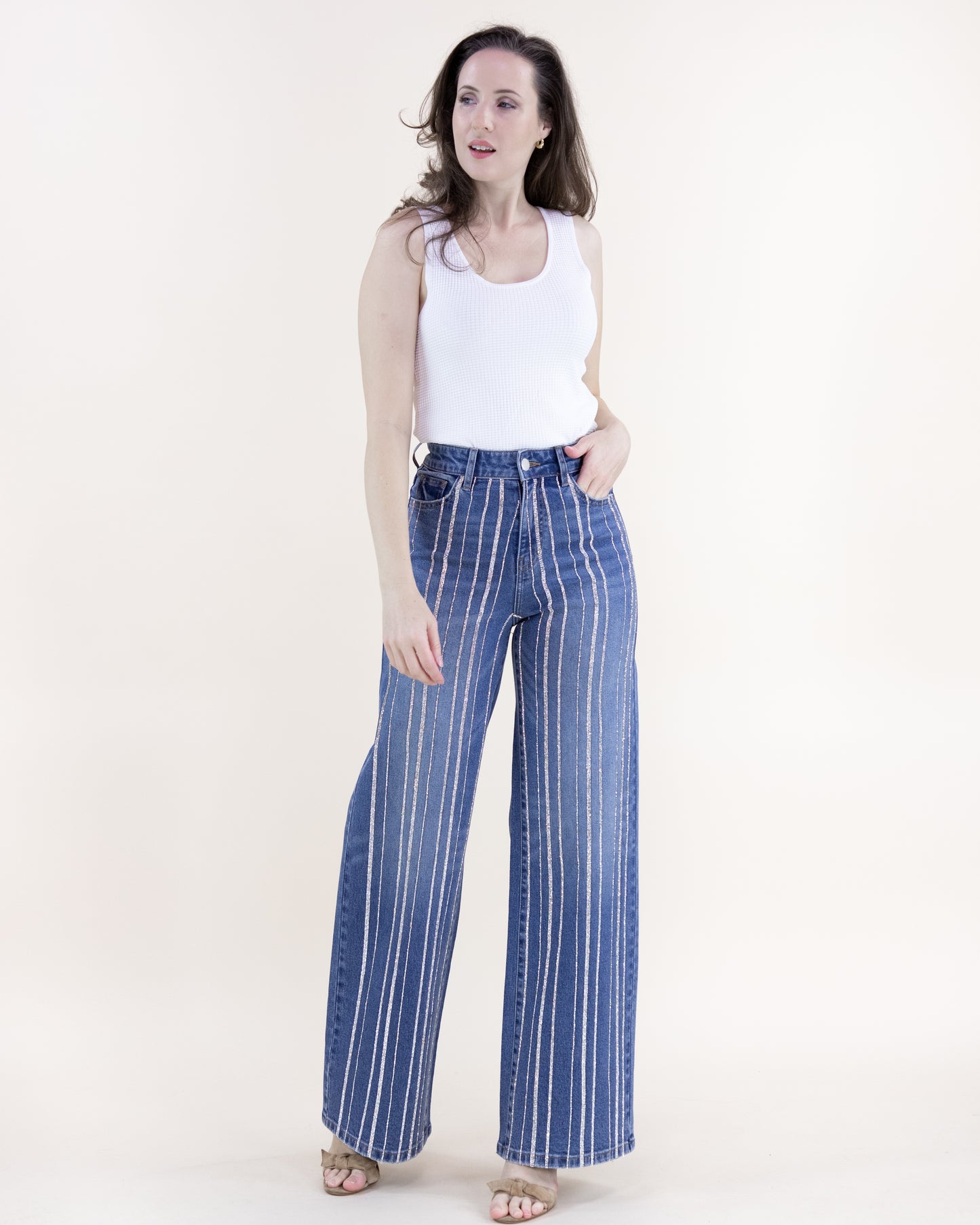 Rhinestone Pinstripe High Rise Wide Leg Jeans