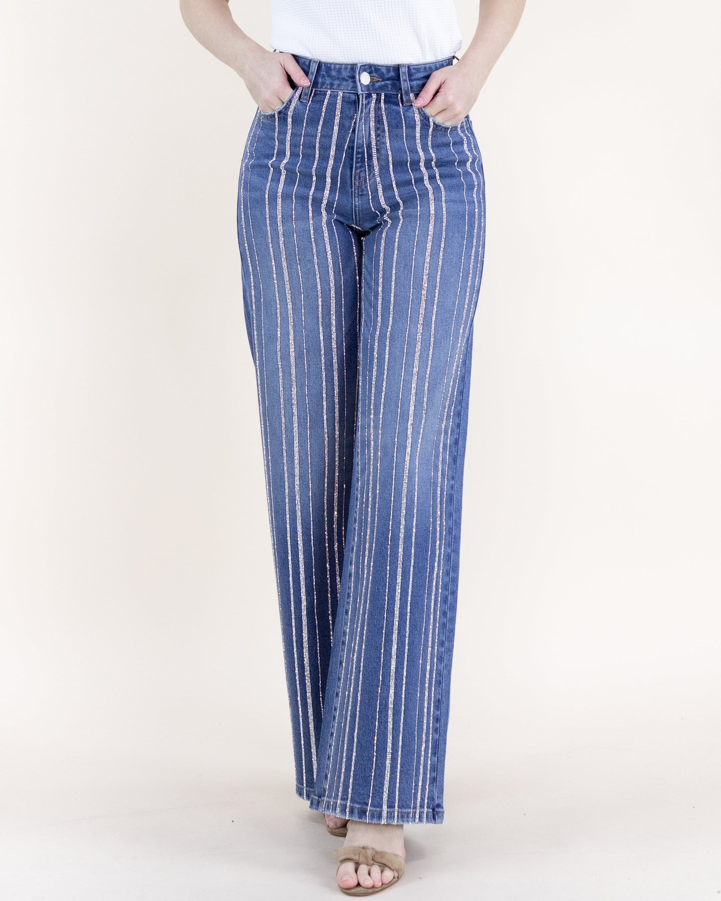 Rhinestone Pinstripe High Rise Wide Leg Jeans