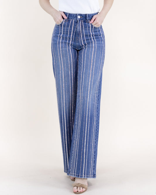 Rhinestone Pinstripe High Rise Wide Leg Jeans
