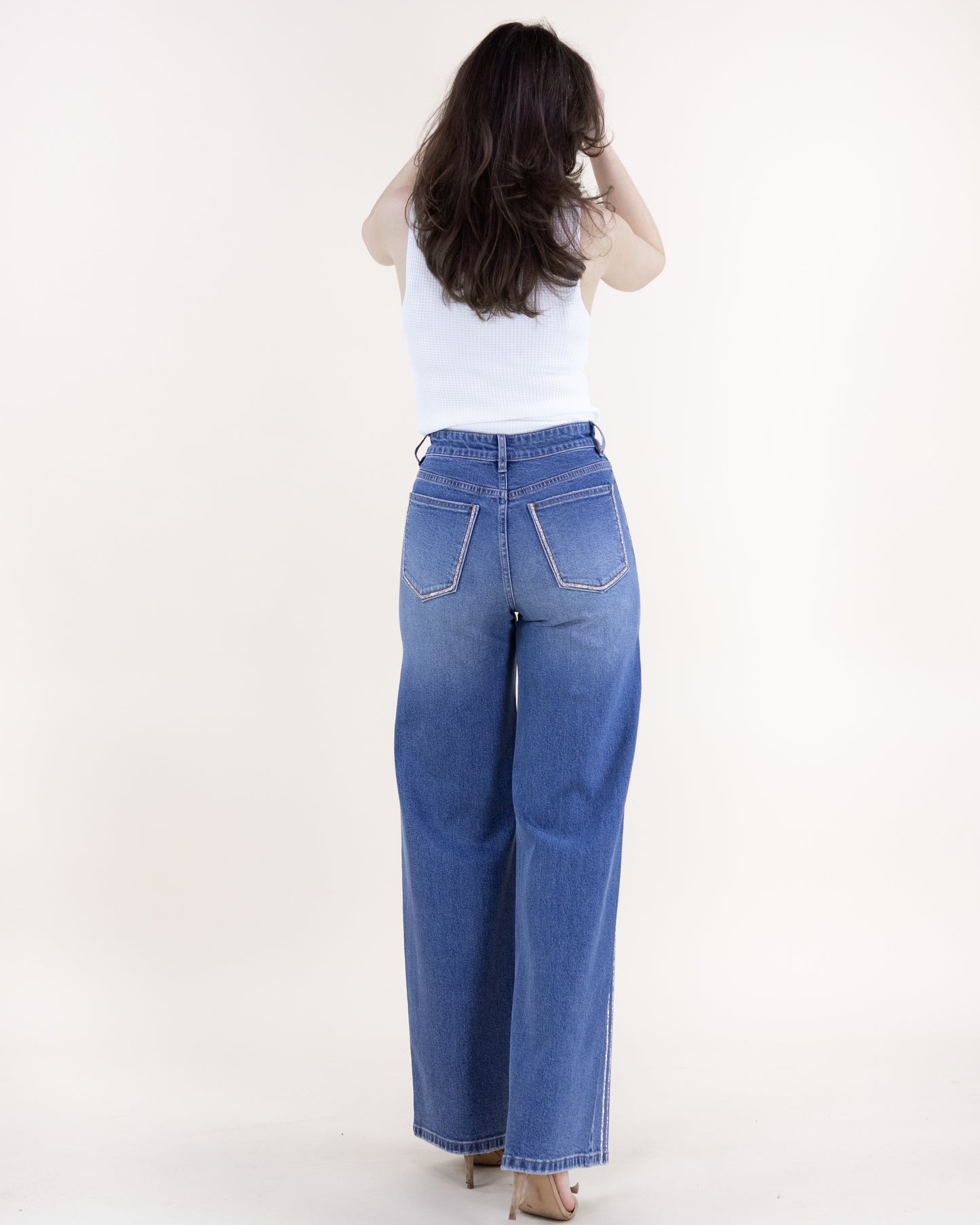 Rhinestone Pinstripe High Rise Wide Leg Jeans