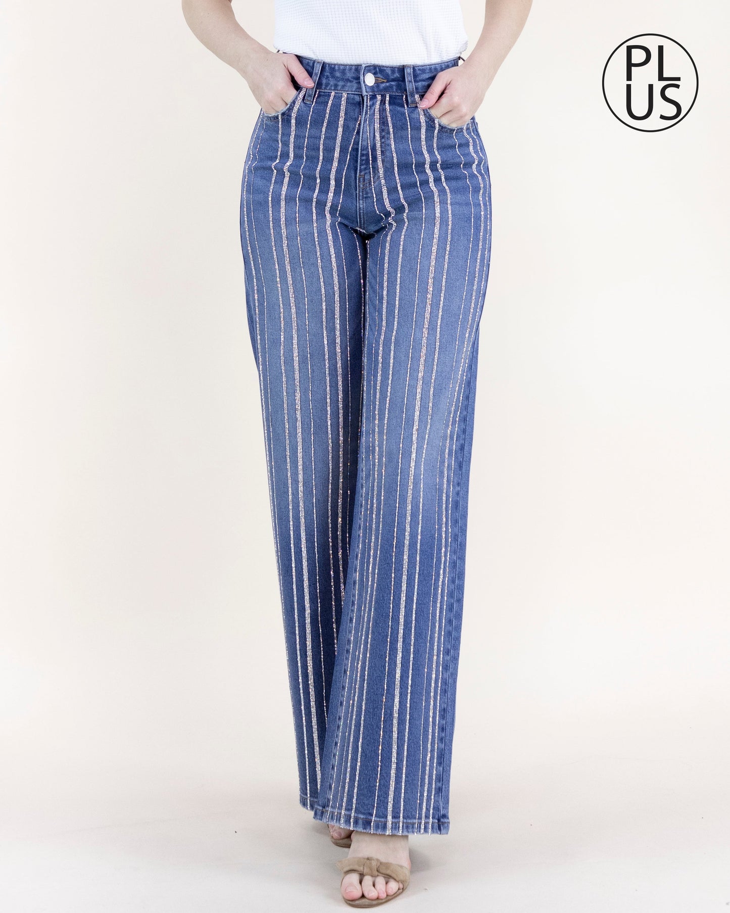 Rhinestone Pinstripe High Rise Wide Leg Jeans