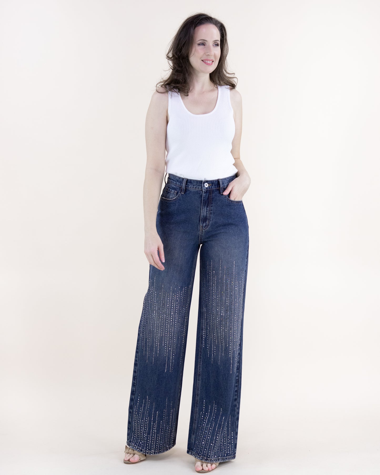 Square Rhinestone Lines Embellished High Rise Ultra Wide Leg Jeans - DENIM