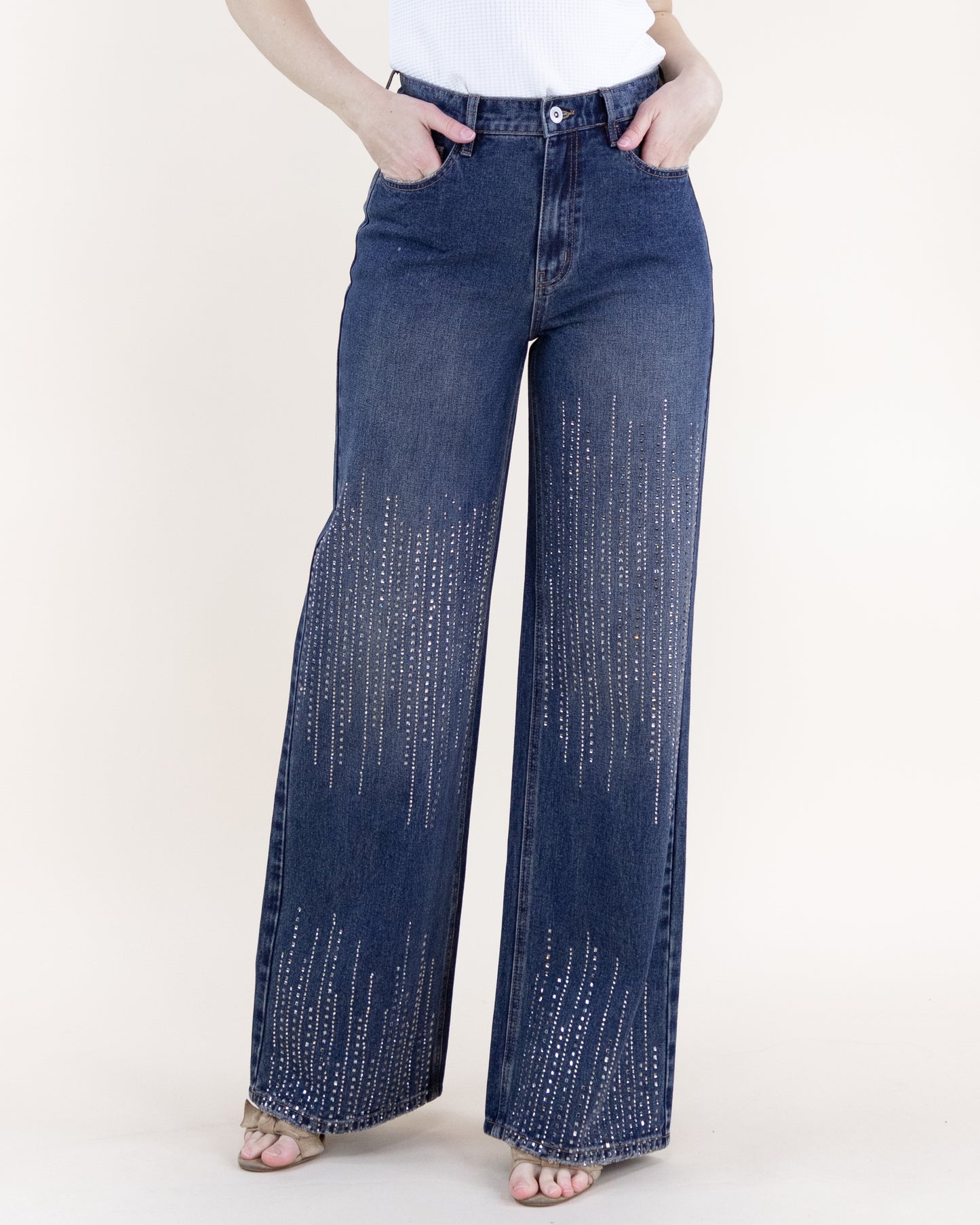 Square Rhinestone Lines Embellished High Rise Ultra Wide Leg Jeans - DENIM