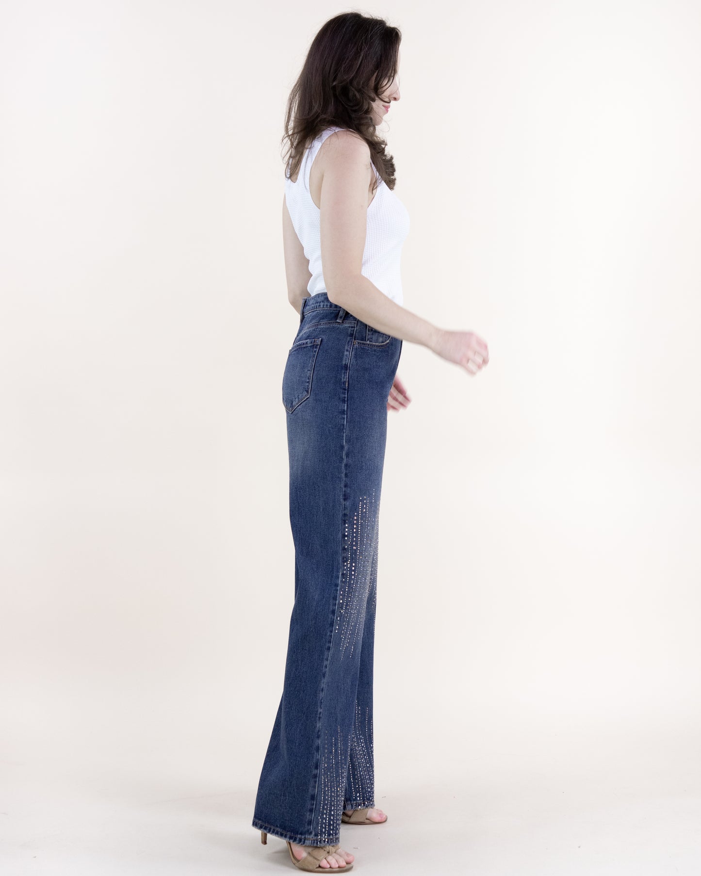 Square Rhinestone Lines Embellished High Rise Ultra Wide Leg Jeans - DENIM