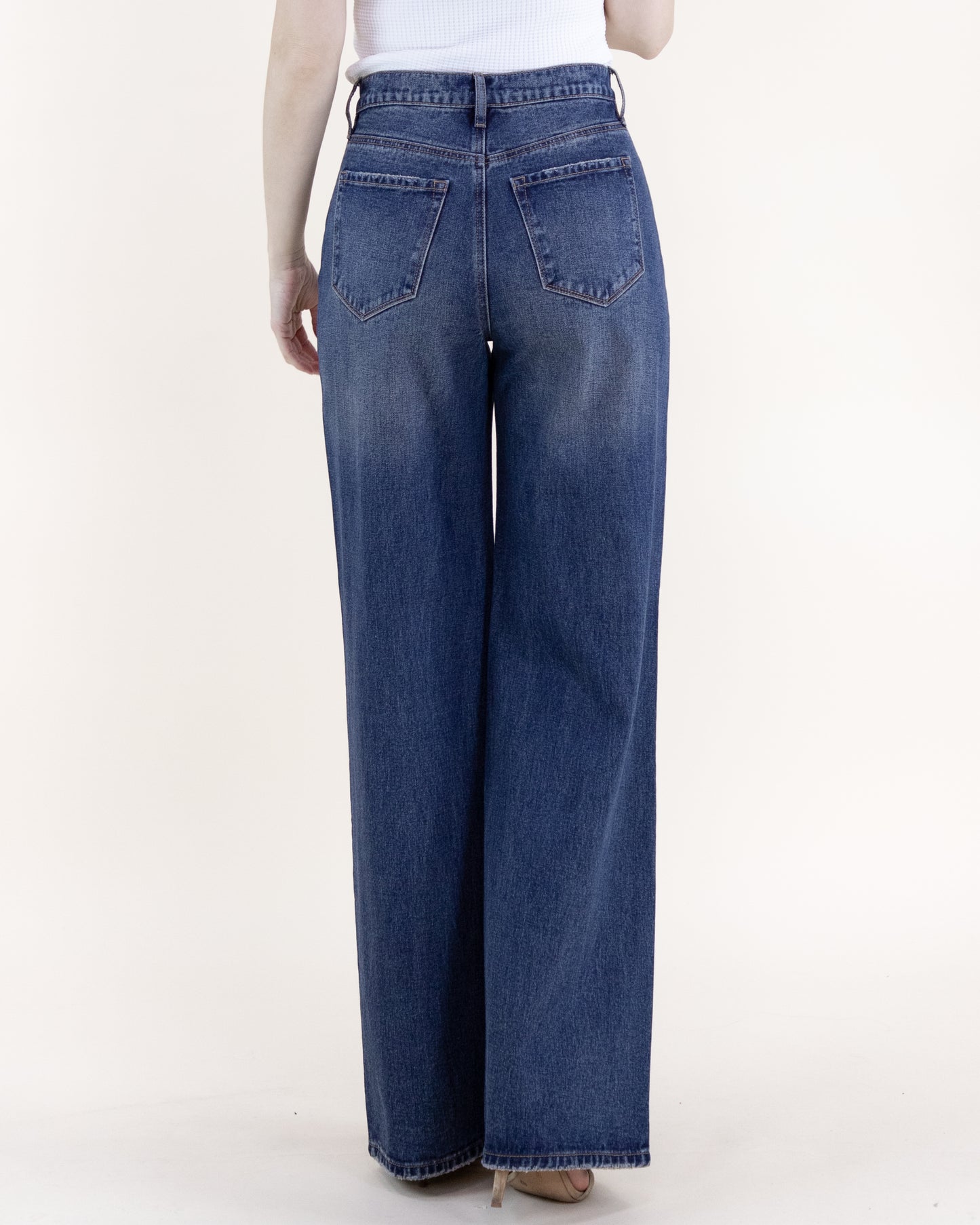 Square Rhinestone Lines Embellished High Rise Ultra Wide Leg Jeans - DENIM