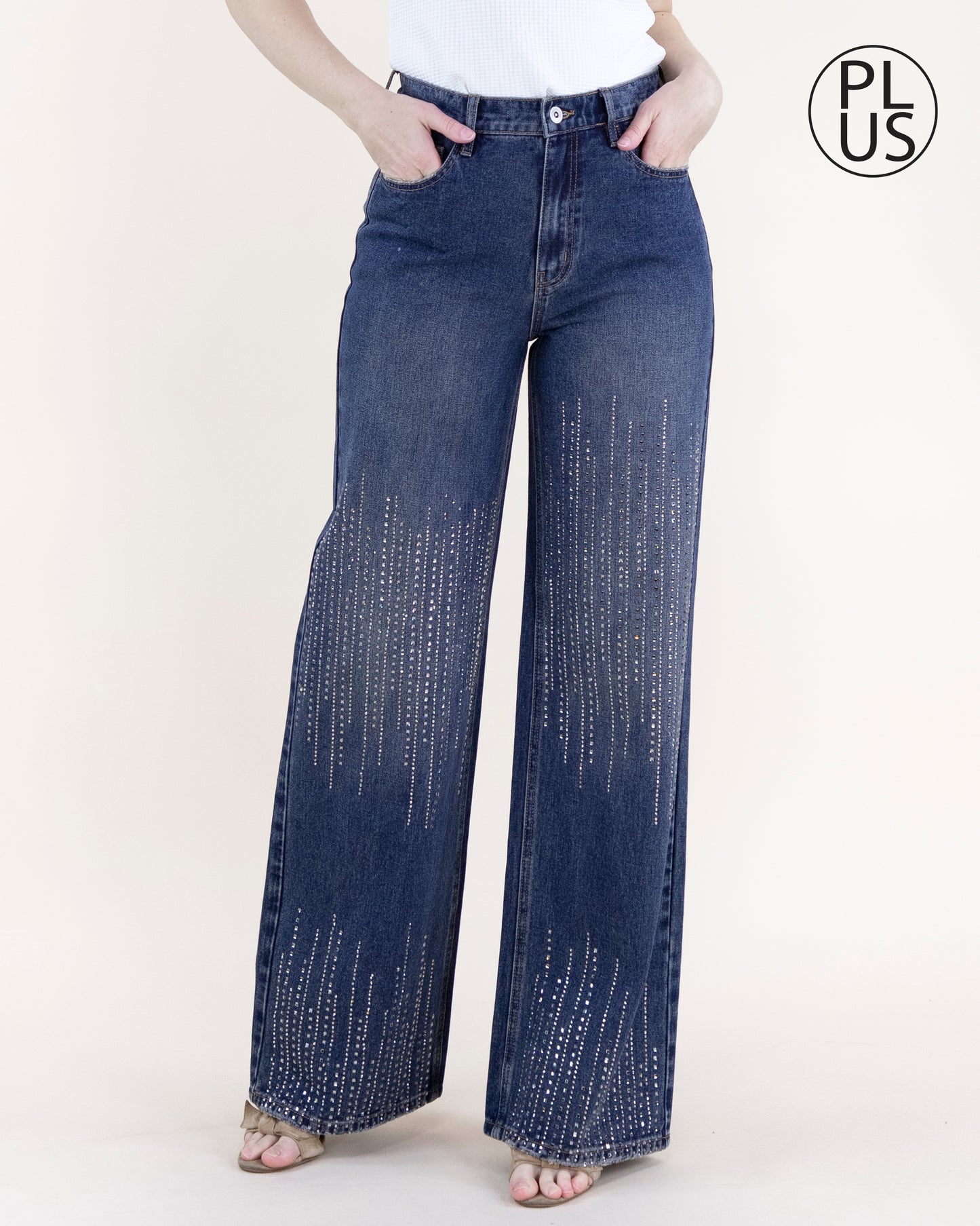 Square Rhinestone Lines Embellished High Rise Ultra Wide Leg Jeans - DENIM