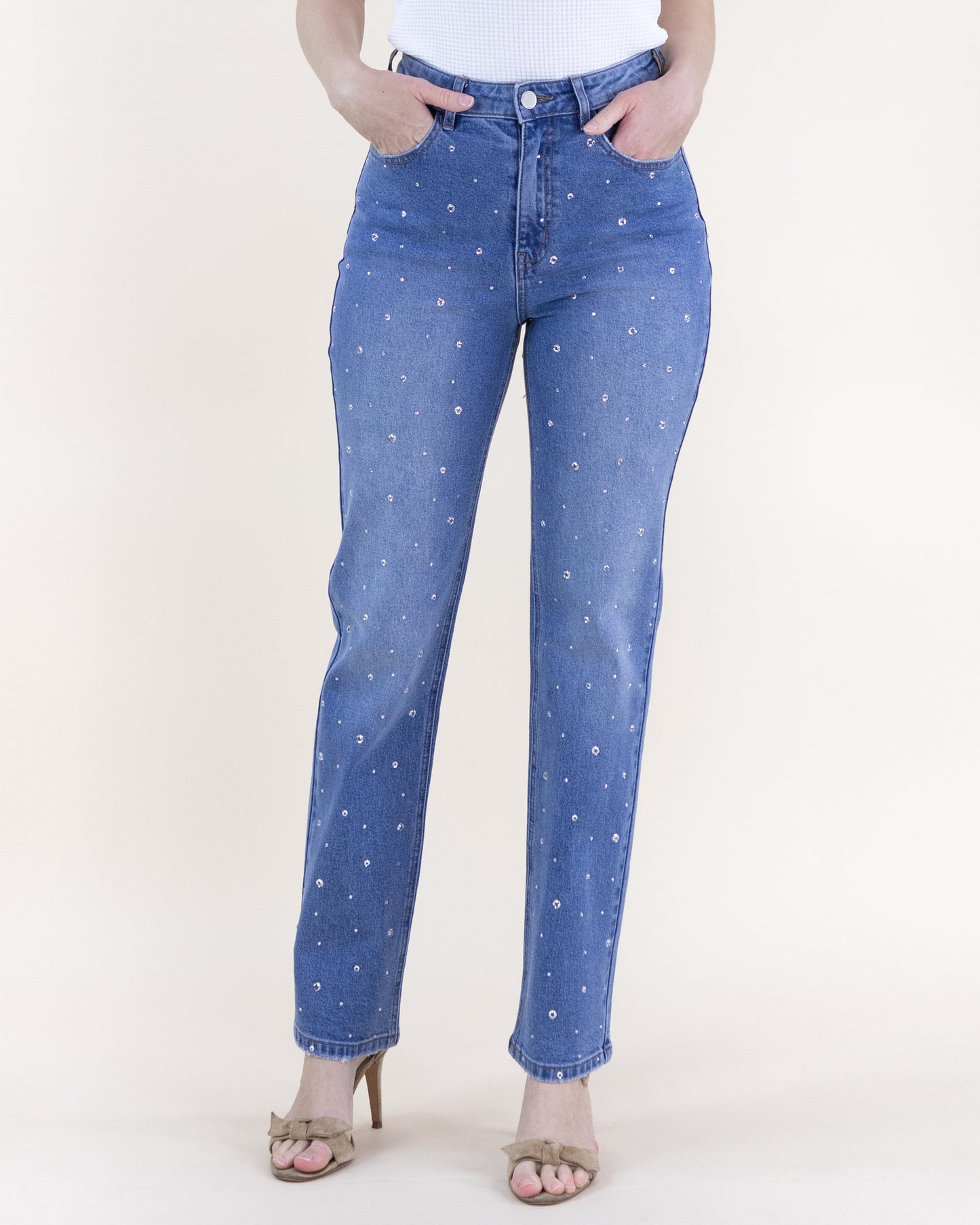 Rivet & Rhinestone Embellished High Rise Skinny Jeans