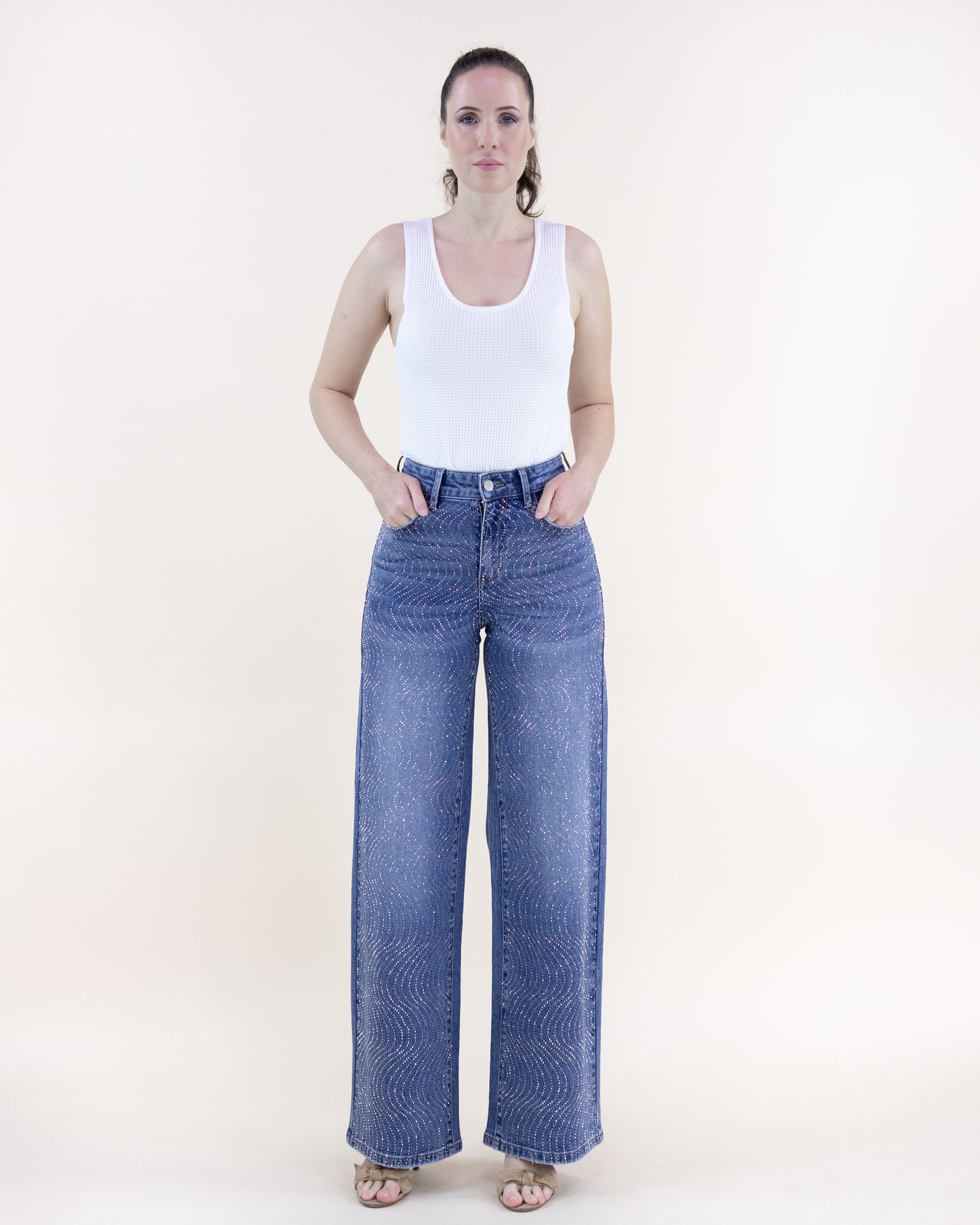 Swirl Embellished Rhinestone High Rise Wide Leg Jeans