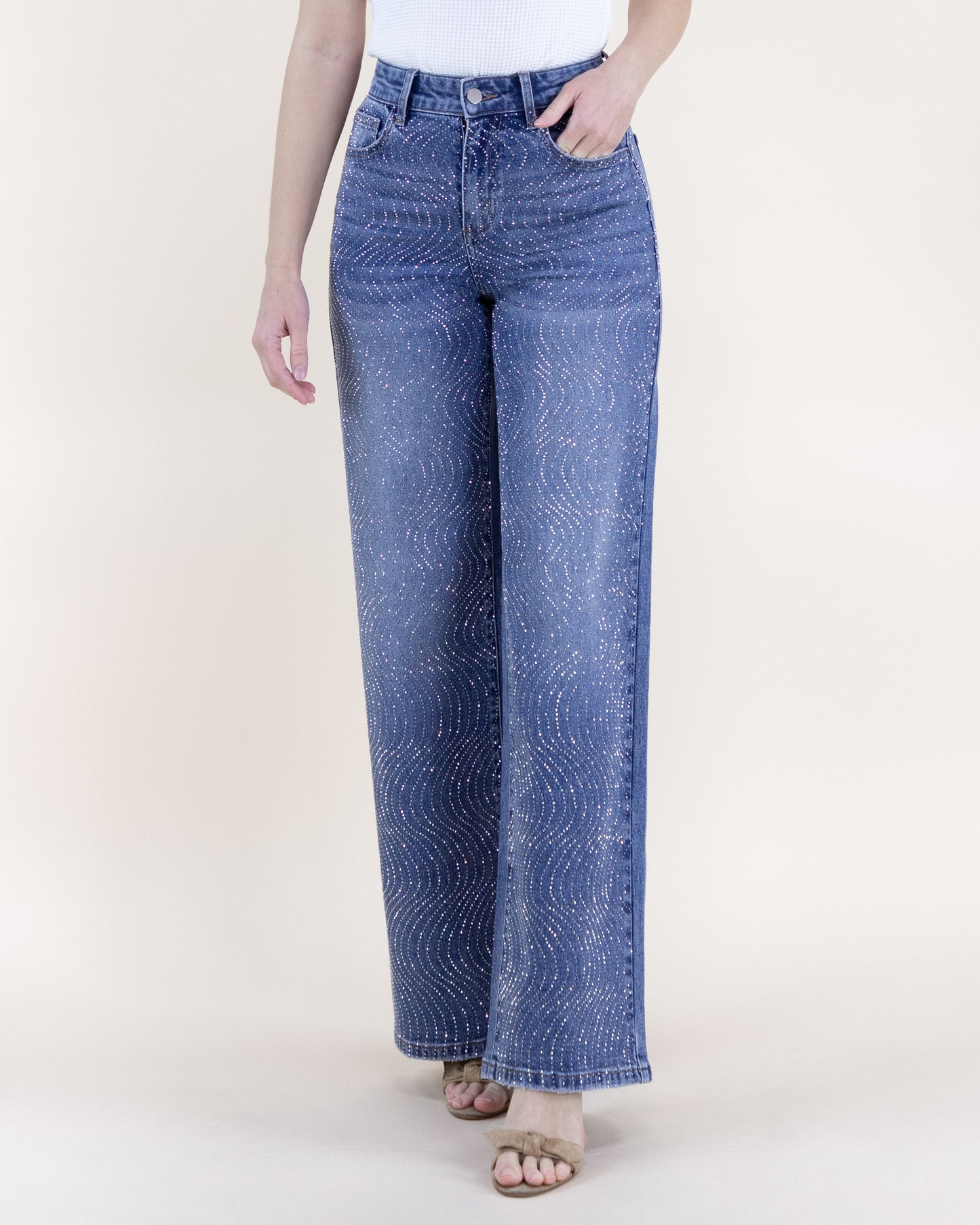 Swirl Embellished Rhinestone High Rise Wide Leg Jeans
