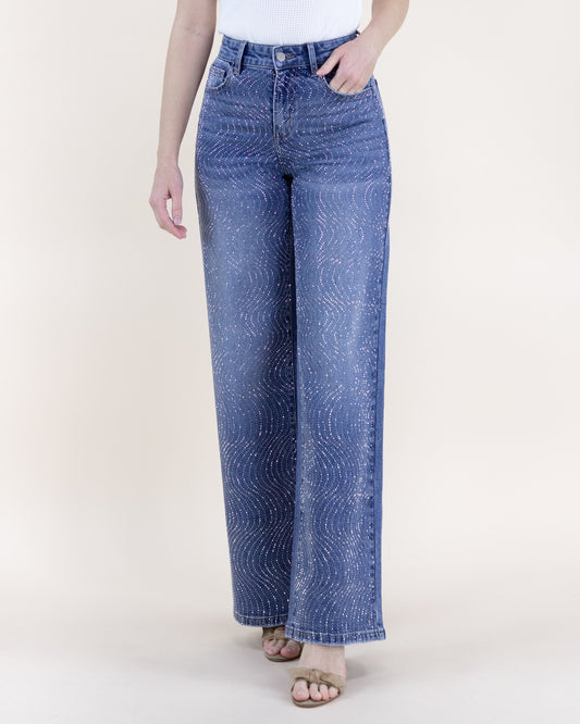 Swirl Embellished Rhinestone High Rise Wide Leg Jeans