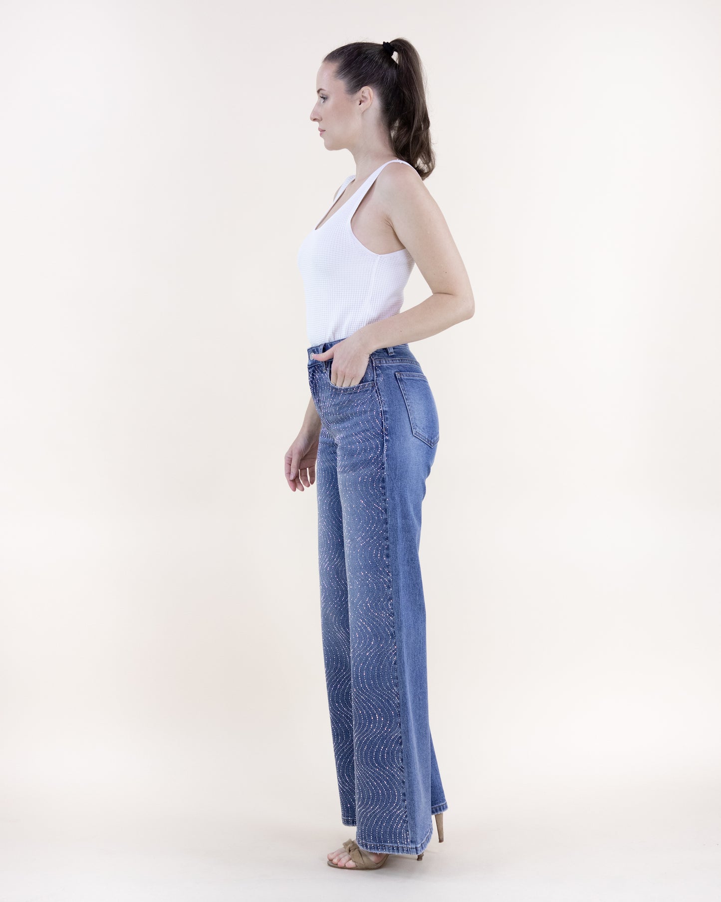 Swirl Embellished Rhinestone High Rise Wide Leg Jeans