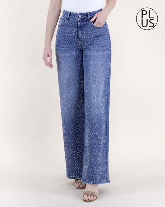 Swirl Embellished Rhinestone High Rise Wide Leg Jeans