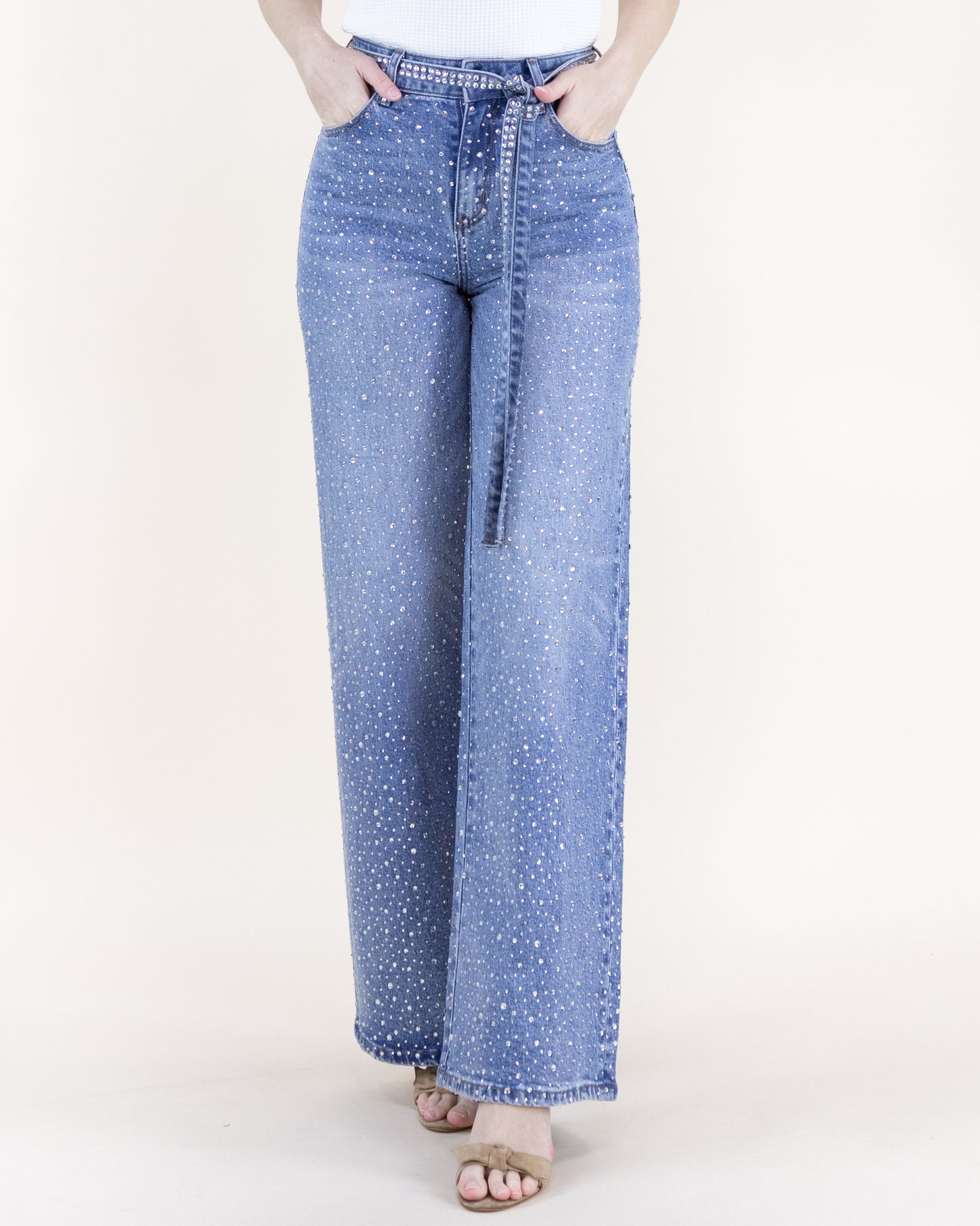 Rhinestone Belted High Rise Wide Leg Jeans