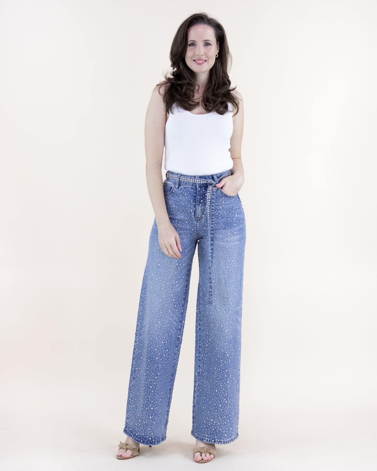 Rhinestone Belted High Rise Wide Leg Jeans