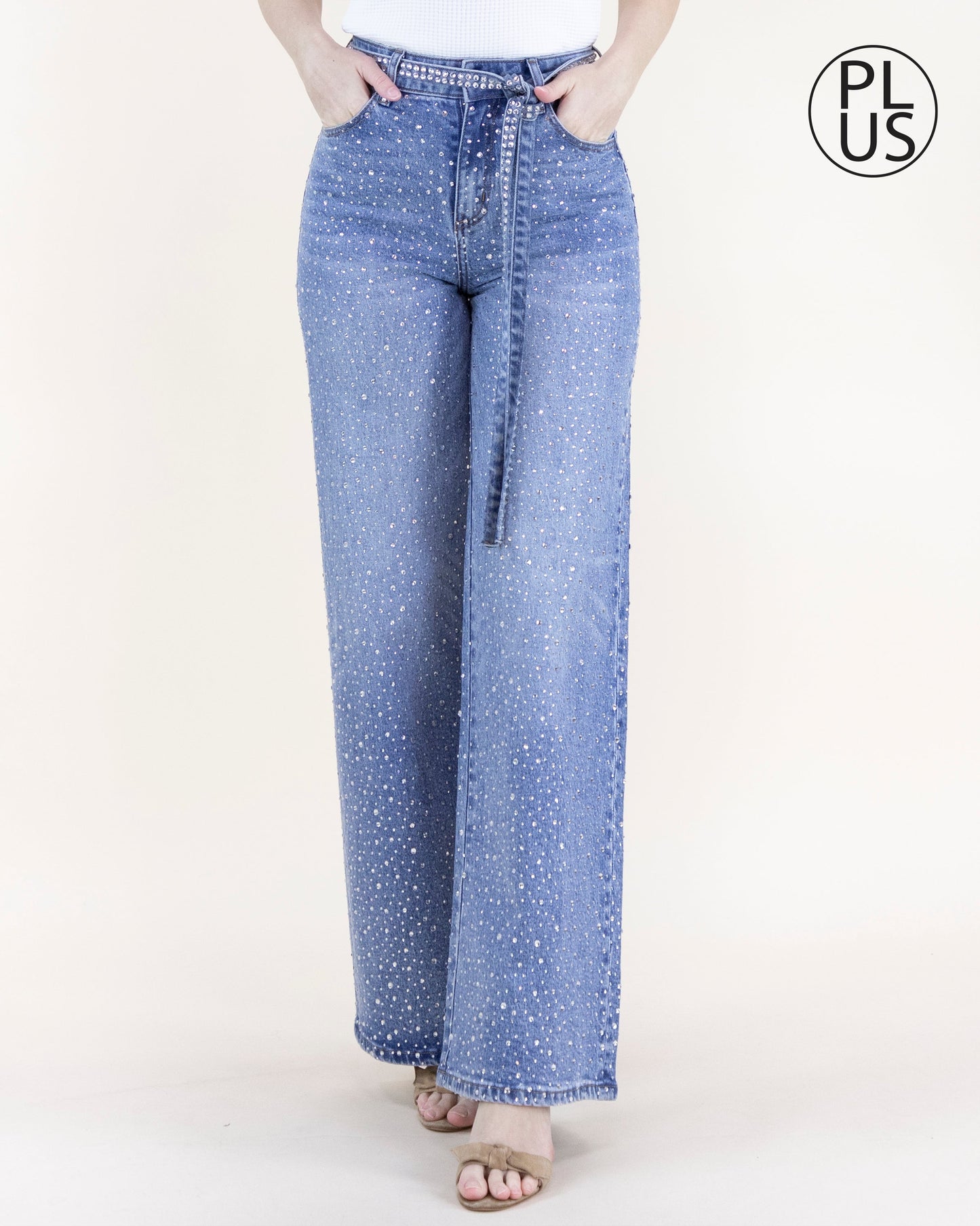Rhinestone Belted High Rise Wide Leg Jeans
