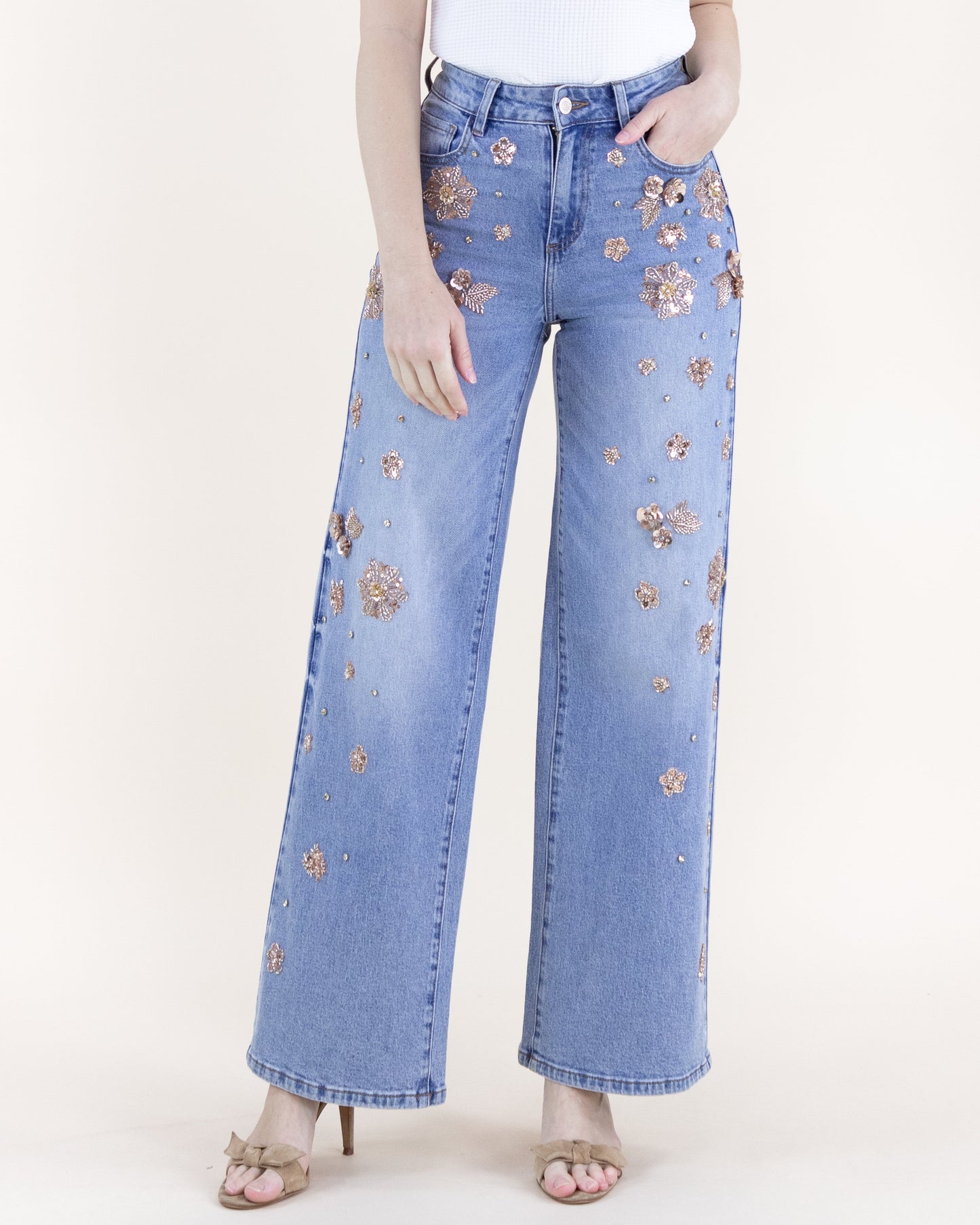 Floral Embellished Acid Wash High Rise Wide Leg Jeans