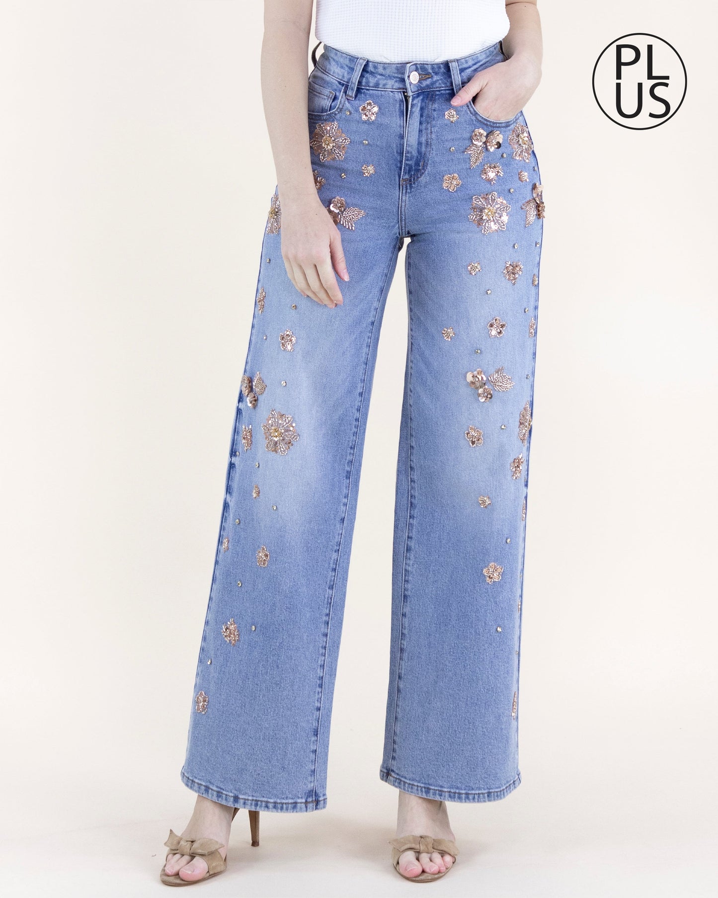 Floral Embellished Acid Wash High Rise Wide Leg Jeans