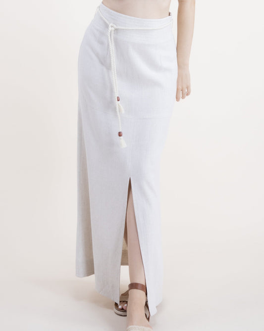 Cotton Linen Cord Belt Front Slit Maxi Skirt