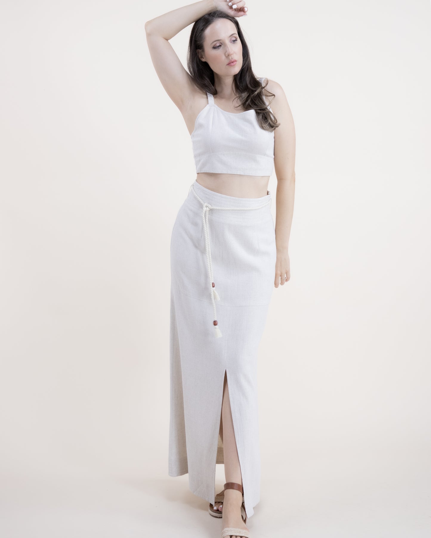 Cotton Linen Cord Belt Front Slit Maxi Skirt