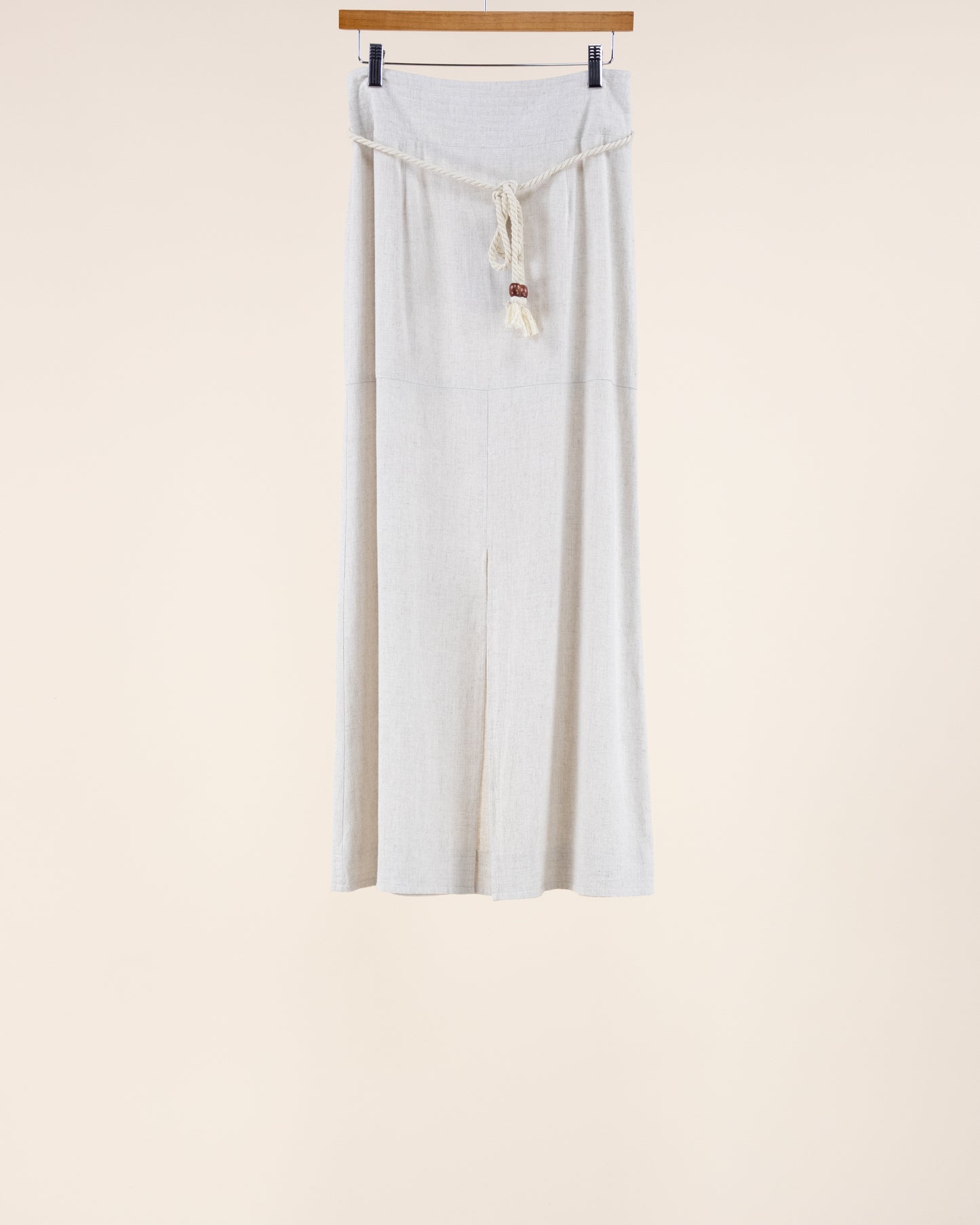 Cotton Linen Cord Belt Front Slit Maxi Skirt
