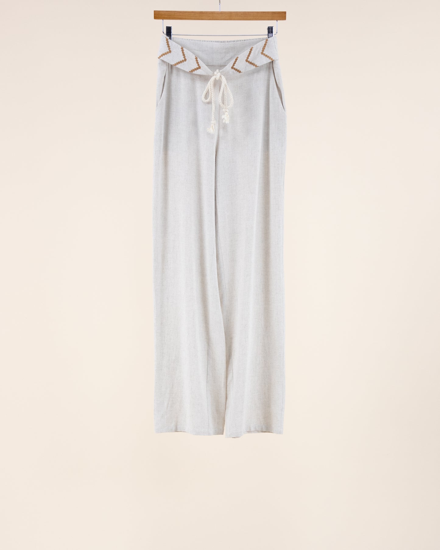 Cotton Linen Embroidery Detail Front Tie Wide Leg Pants