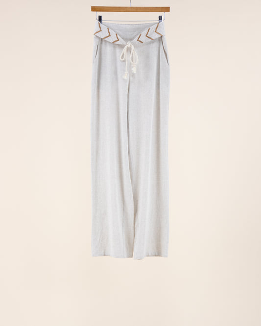 Cotton Linen Embroidery Detail Front Tie Wide Leg Pants