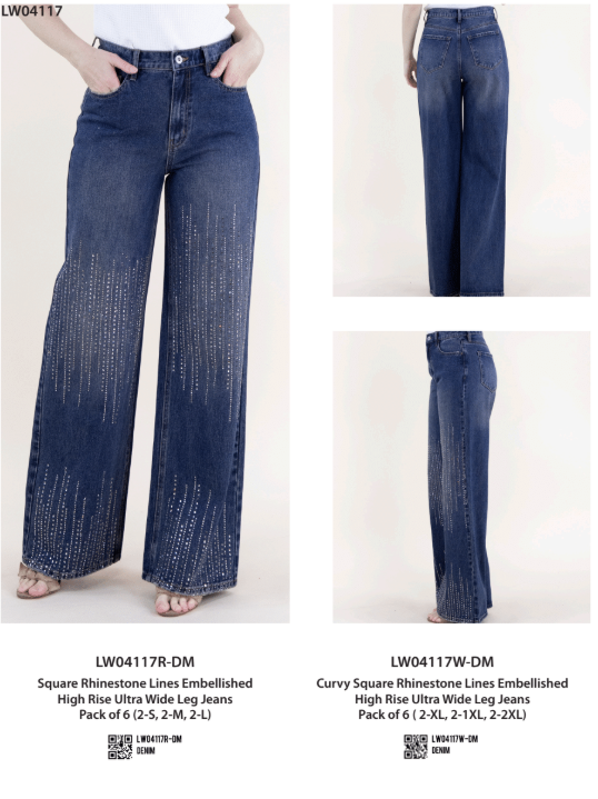 Square Rhinestone Lines Embellished High Rise Ultra Wide Leg Jeans - DENIM